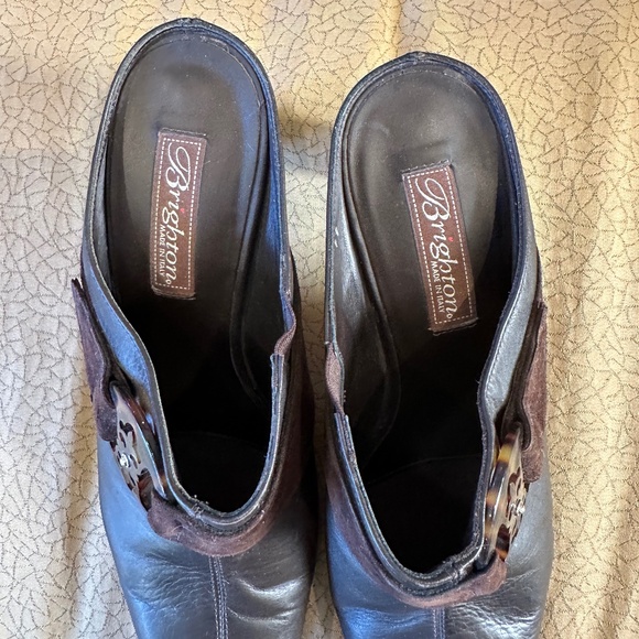 Brighton Rococo Brown Leather and Suede Mules With Tortoise Shell Trim - Picture 10 of 11